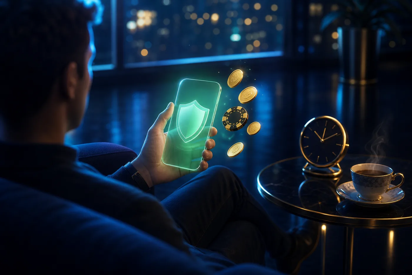 Persona relajada con el móvil en la mano, disfrutando del juego con calma y control